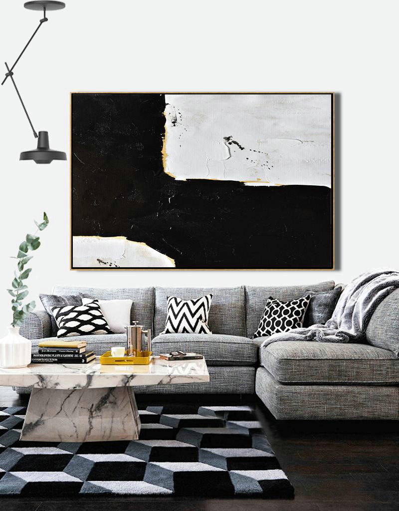 Large Paintings For Living Room,Horizontal Palette Knife Minimal Canvas Art Painting Black White Beige - Original Abstract Painting Canvas Art